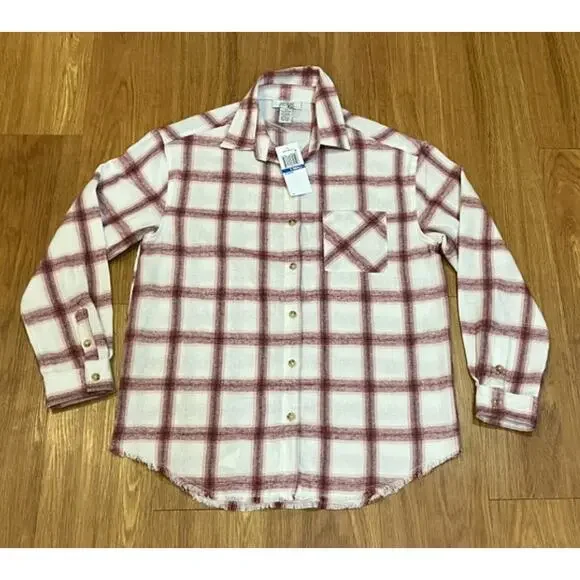 Just Polly Juniors Girlfriend Frayed-Hem Plaid Shirt Size XS - Picture 2 of 5